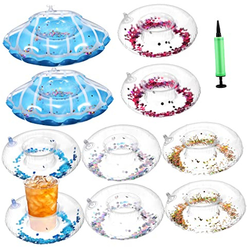 TOPPERFUN Portavasos Inflables 10 Piezas Reutilizables en PVC para Piscina 5 Estilos Diferentes con Bomba de Inflado Reduce Pérdida de Aire Color Aleatorio Adecuado para Playa y Fiesta