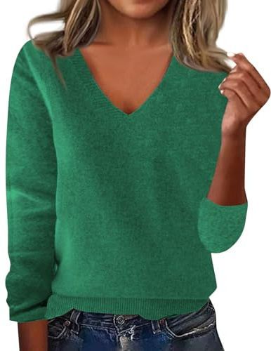 Jersey Mujer Otoño Basicas Camisetas Manga Larga Mujer Elegante Algodon Sueter Cuello V Punto Termica Blusa Camiseta Interior Invierno Casual Tallas Grandes Sweater Top(Verde,M)