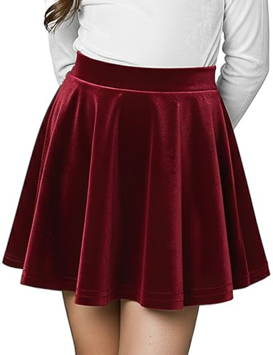 Spring&Gege Jupe Skater en Velours pour Filles, Basis Uni Élastique, Mi-Courte pour Uniforme Scolaire, Vêtement d'hiver