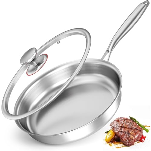 Gvdeirn 28cm Stainless Steel Frying Pan with Lid, Frying Pan Coating-Free and PFOA-Fre, with Heat-Resistant Handle, Suitable for Induction, Gas, Electric Hobs, Oven-Safe, Dishwasher