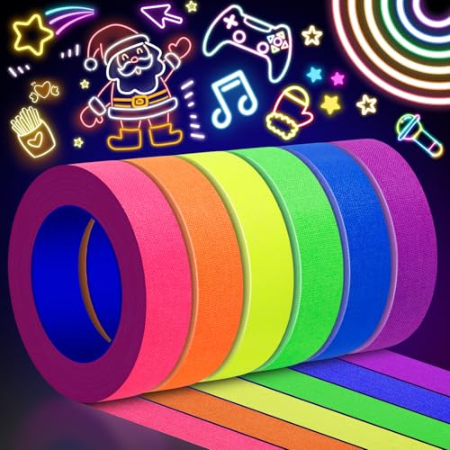 6 Rollos Cinta UV Fluorescente 15mm x 5m Fiesta Marcación Sin Residuos | Cinta fluorescente para fiestas de luz negra y marcaciones. 6 colores neón, fácil de retirar, se activa con luz UV.