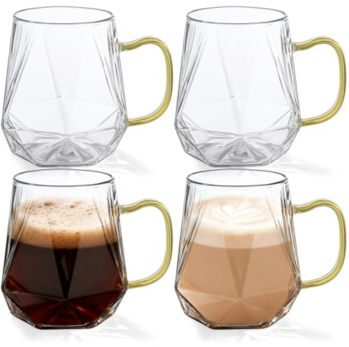 APACALI Glass Coffee Mugs Set of 4, 340ml / 12oz Latte Glasses, Glass Mugs for Hot Drinks with Handles, Clear Coffee Cups for Tea Milk Juice Ice Cream