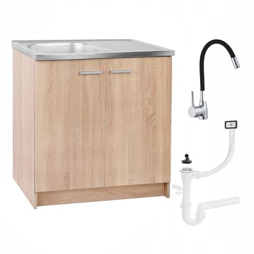 Spülenschrank Küchenschrank 80cm Sonoma Spüle Abtropf Armatur Schwarz Elastisch XXL Standschrank 46cm Tiefe Siphon Geschirrspüler Komplett Montagefertig