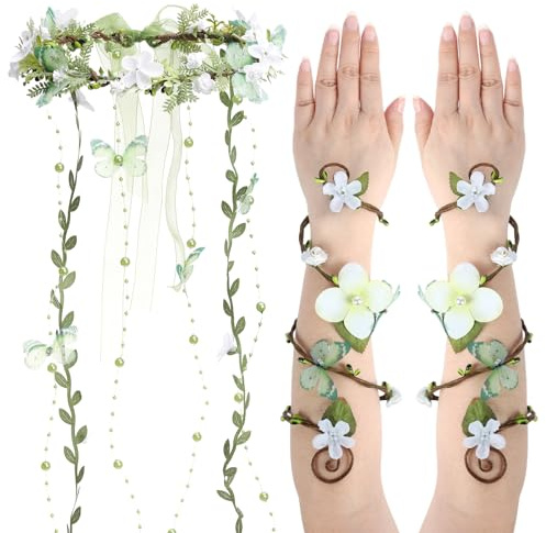 ETOFETE Elfen Kopfschmuck Blumen Haarreif und Armwickel mit Schmetterling Ranken, Karneval Waldfee Kostüm Damen Cosplay