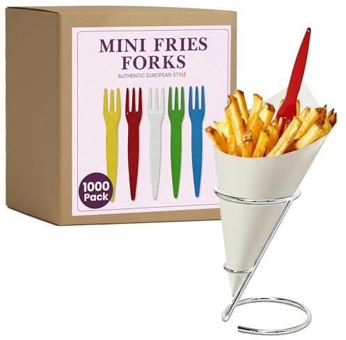 Friteshop Mini Frites Forks - Assorted Colors, Disposable Plastic Forks for Fries, Appetizers, Snacks, & Desserts - Authentic European Style, Perfect for Parties, Events & Catering - 3inch, 1000 count