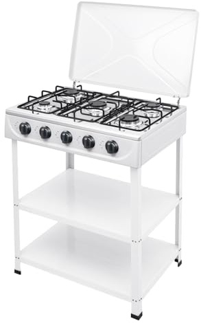 Fornello a gas naturale con 5 bruciatori, freestanding, fornello a gas naturale, 82 cm, fornello da campeggio con ripiani e piedini antiscivolo, per camper, appartamento, cucina all'aperto
