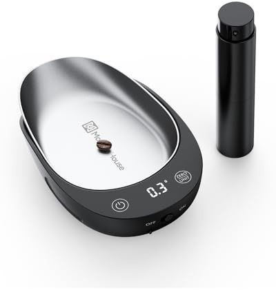 Maestri House Báscula de café recargable de 0,1 g de precisión con botella pulverizadora de 8 ml, diseño ergonómico con contorno a granel, recipiente magnético extraíble, tamaño compacto, báscula de