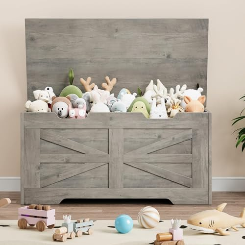 Farmhouse - Panca portaoggetti in legno, cassapanca portaoggetti come tavolo da basso, armadio per giocattoli, mobile multiuso per corridoio, camera da letto, soggiorno, grigio con motivo croce, 100 x
