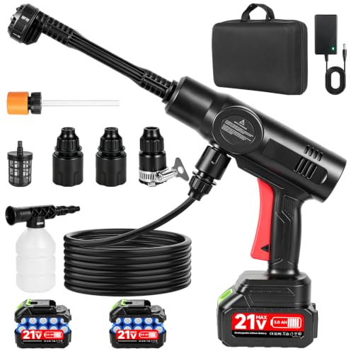 Nettoyeur Haute Pression sans Fil, 80 Bar/1160PSI Nettoyeur Haute Pression Portable avec Buse Réglable 6 en 1, Tuyau 5m et 2 x 3.0Ah Batteries pour Nettoyer Les Voitures, Sols