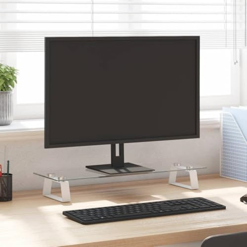 Zentexion monitorstativ vit av härdat glas och metall 60 x 20 x 8 cm, ergonomisk skärmhållare för datorbord och kontorsbord, stabil och platsbesparande för hemmakontor och spelbord