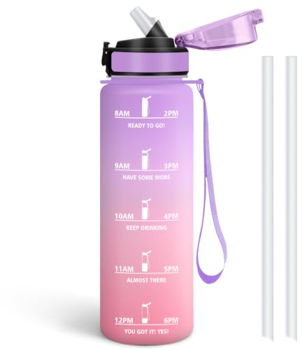 Borraccia con Cannuccia, 1 Litro BPA Free, Borraccia Palestra, Scala Temporale, Borracce Motivazionale, con Bocca Larga e Coperchio Antigoccia, Bottiglia Acqua, Ideale per Scuola, Ufficio, Palestr