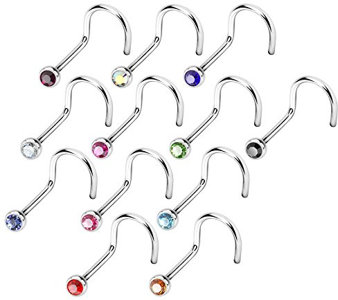 beyoutifulthings Nasen-Piercing KRISTALL Nasen-Ring Nasen-Stecker Press Fit Spirale Chirurgenstahl Silber Multicolor Stab 1/8mm Stein 2,5mm
