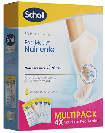 Scholl Pedimask Pflege mit Macadamia-Öl, feuchtigkeitsspendende und regenerierende Fußmaske, 4 Paar feuchtigkeitsspendende Socken für glatte und weiche Füße, Einlegdauer: 20 Minuten