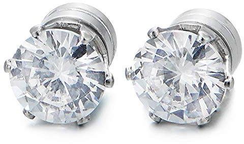 6MM Magnetico Zirconi Orecchini da Uomo Donna, Acciaio, Click-on Fake Piercing Finto Dilatatore Fake Plug, 1 Paio