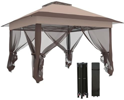 Outsunny Tonnelle de Jardin extérieur tonnelle Pliante 3,6x3,6m avec Double Toit Acier Polyester moustiquaires + Sac de Transport à roulettes Kaki Marron