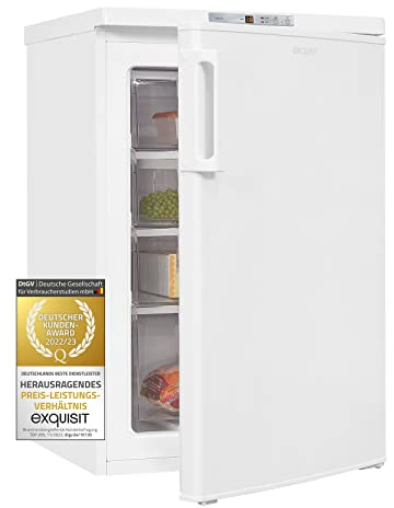 Exquisit® Congelador Table Top, 91L, Clase E, Color Blanco, 4 Compartimentos, Cajón XL para Alimentos Grandes, Altura Regulable, Ruedas Traseras, Consumo 166 kWh/año, Medidas 88,5x55x57,5 Cm.