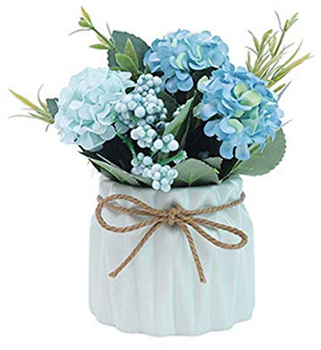 Hisow - Ortensie finte con vaso, mini ortensia artificiali, pianta artificiale in vaso di ceramica, per decorazioni da ufficio e da scrivania (blu)