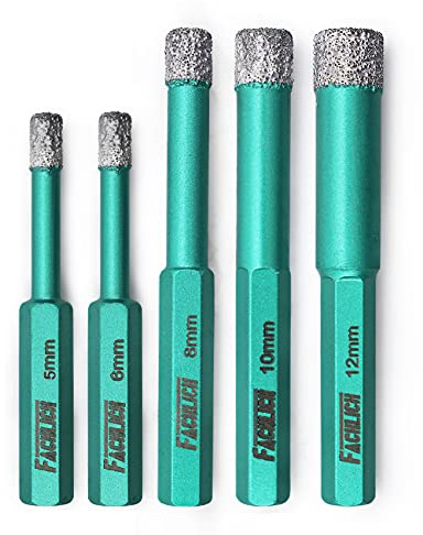 FACHLICH Diamond Core Drill Bits 6/6/8/10/12mm Porcelain Tile Drill Bits with Hex Shank for Granite Marble Tile Porcelain Ceramic Hard Materials