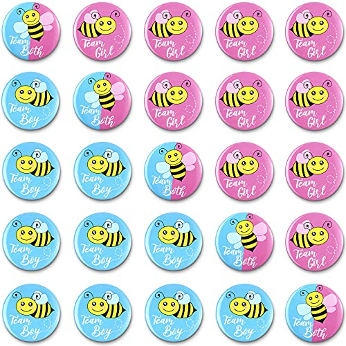 Dilunave 50 Pieces Bee Gender Reveal Button Pins Team Boy, Girl or Both Buttons Pins Badges Kit in Pink and Blue for Bee Theme Baby Shower Gender Reveal Party Game Supplies