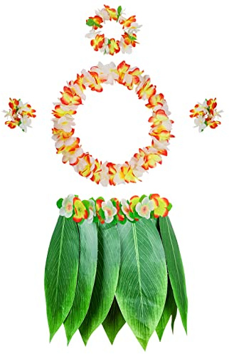 PIXHOTUL Grass Hula Rock und Hibiscus Leis Set Hawaiianische Kostüme für die Beach Luau Party