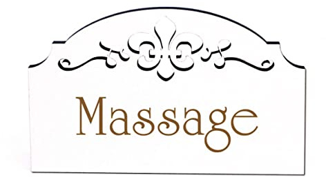 DEKO-LANDO Massage Schild Holz Türschild graviert Ornamente selbstklebend Massagesalon Vintage Türdeko 15,5 x 9,5 cm, Weiß