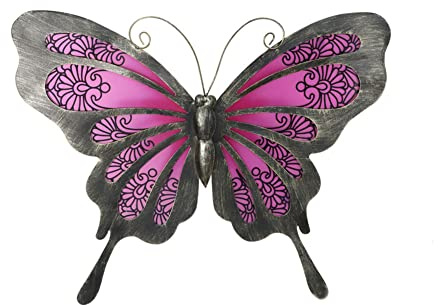 Liffy Art mural papillon en métal suspendu en verre papillons jardin décoration extérieure pour maison jardin clôture terrasse décorations (rose, 30,5 cm)