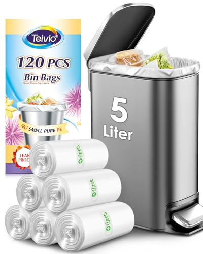 Teivio 5 Liter Small Bin Bags 120 Counts Pedal Bin Liners Thick Plastic Waste Bags for Bathroom, Kitchen, Office, Fit 3-5L Rubbish Bin, Clear