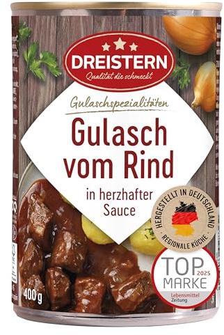 DREISTERN Rindergulasch 400g I Mit pikanter Sauce I Herzhaftes Fertiggericht in recyclebarer Konservendose I Lange Haltbarkeit dank natürlicher Konservierung I Hausmacher Qualität