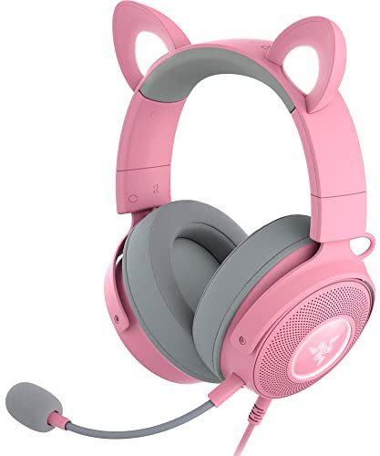 Razer Kraken Kitty V2 Pro - Auriculares Gaming RGB con Cable y Orejas Intercambiables (Orejas Intercambiables de Gatito, Oso y Conejito, Iluminación Reactiva en Streaming) Quartz Rosa