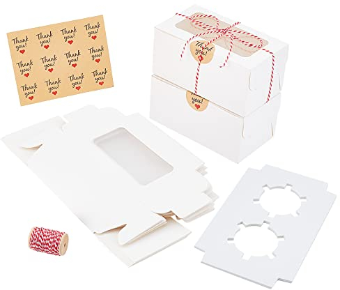 NBEADS 20 Pcs Boites Gâteaux, Coffrets Cadeaux Boîtes à Cupcakes Blanches avec 2 Inserts et Récipient Cupcake de Qualité Alimentaire avec Autocollant Cordon pour Mariage Fête, 15.9x9x7.6 cm