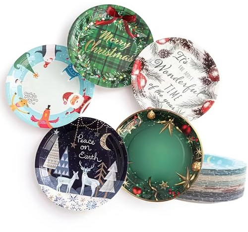 50 Einweg-Pappteller für Weihnachten, Party, in 5 verschiedenen Designs, Pappgeschirr, 22,9 cm, öl- und wasserabweisend, mikrowellengeeignet, gefriergeeignet, recycelbar und biologisch abbaubar
