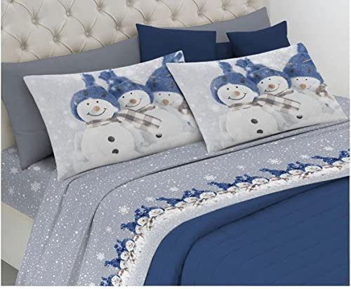 PELLECCHIA 1969 Set Lenzuola Calda Flanella, Made in Italy Fantasia Pupazzi di Neve (Blu, Matrimoniale)