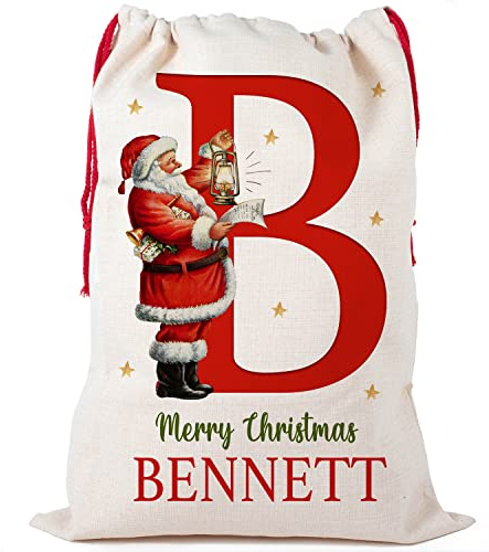 KRAFTYGIFTS Personalised Santa Sack Vintage Initial Christmas Bag Present Xmas Gift Santa Stocking Bag NS076 (Large)