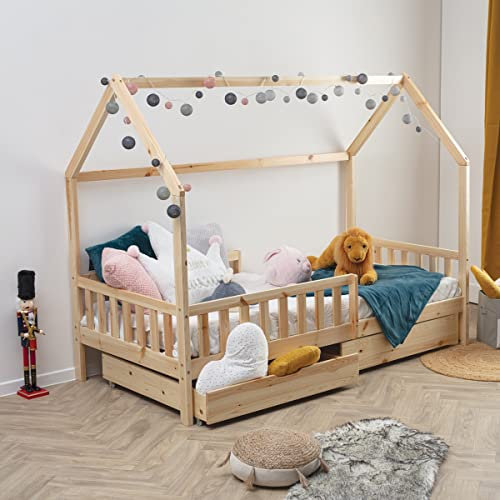 WEB2O Cama cabaña infantil de madera natural 90x190 cm con 2 cajones