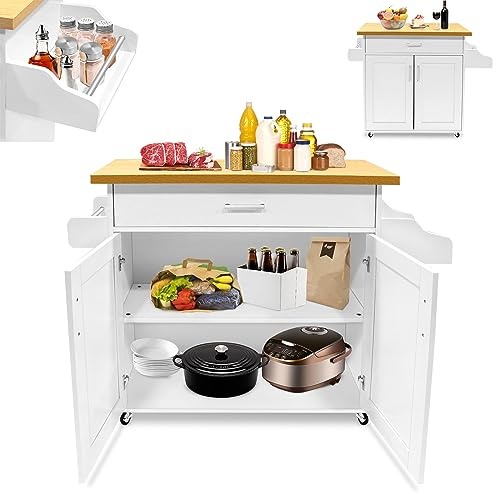 YARDIN Küchenwagen Servierwagen auf Rollen, Kücheninsel mit Arbeitsplatte, Küchenschrank Rollwagen Beistellwagen mit Tür 115x36x90cm (Weiß)
