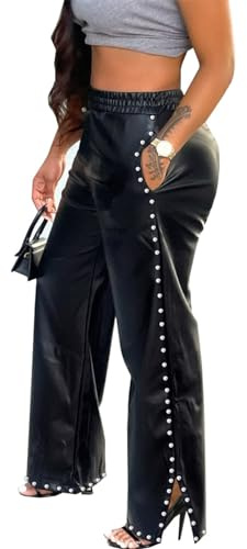 LifeShe Wide Leg Leather Pants for Women, Womens Rivets Straight Baggy Faux Leather Pants with Pocket Black