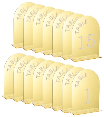 QUARKZMAN 15Pcs 4.8 x 7 Pouce Panneau Acrylique en Forme D'Arc Doré | Avec Support, Supports de Numéros de Table en Arc Acrylique pour Décoration de Centre de Table de Mariage, Numéro 1-15