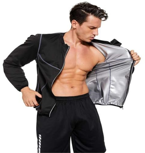 Sauna Jacket for Men, Men's Sauna Suit Long Sleeves Sweat Slimming Running Fitness Yoga Sweat Top Workout Body Shaper,M,Black
