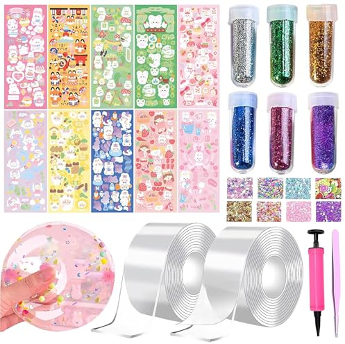 38 Stück Nano Tape Bubbles Set, Doppelseitiges Klebeband, Nano Klebeband | Blowing Bubble Tape, Aufblasbares Luftpolsterband, Traceless Adhesive Nano Tape for Making Bubbles mit Pailletten Aufkleber