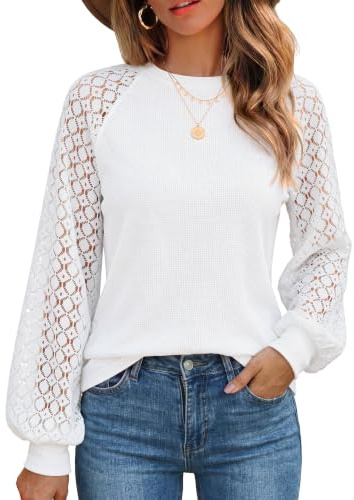 Zeagoo Damen Bluse Elegant Spitzen Oberteile Lace Puffärmel Langarmshirt | Casual Rundhals Raglan Tshirt Herbst Blusen Shirt Tunika Top S-3XL