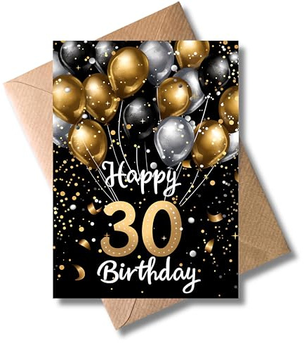 WBdesignz Geburtstag Karte mit Umschlag - Elegante Geburtstagskarte 30 Jahre Happy Birthday Schwarz Gold Ballons Glückwunsch 30ter Geburtstag (DIN A6)