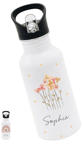 Bärenfreunde® - Personalisierte Trinkflasche Kinder Edelstahl [ 500ml ] - Robuste Trinkflasche mit Namen - Wasserflasche mit Trinkhalm - Personalisierte Geschenke für Kinder (Blumen Punkte gelb)