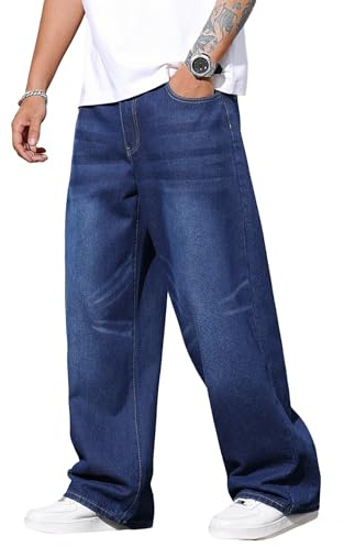Zewool Jeans Baggy Hip hop pour Hommes,Jeans Skater à Jambe Large,Pantalons en Denim à Coupe Loose,Streetwear Jambe Droite Coupe relaxée Y2K extrême liberté de Mouvement Skateboard,B10 Bleu Moyen,S