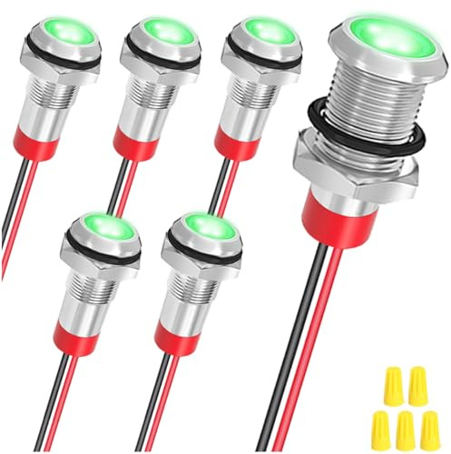 MKBKLLJY 6Pcs 8mm DC 12-24V Green LED Metal Indicator Light Waterproof Signal Lamp with 150mm Cable Length Metal LED Indicator Light and Wiring Cap for Car Interior Trucks Boats Engine taillight