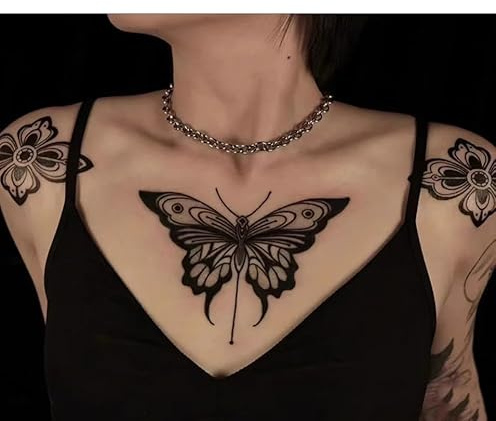 2Pcs Herbal Temporary Tattoos Stickers Fake Tattoos Chest Big Butterfly Juice Female Male Semi-Permanent Non-Reflective Waterproof Lasting 2 Weeks