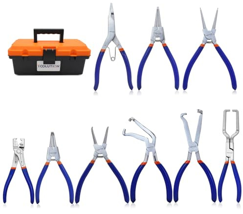 TOOLUTION Set di 9 Pinze Multiuso – Pinze per Fascette, Linee Carburante, Connettori Elettrici e Seeger con Valigetta, Impugnature Antiscivolo