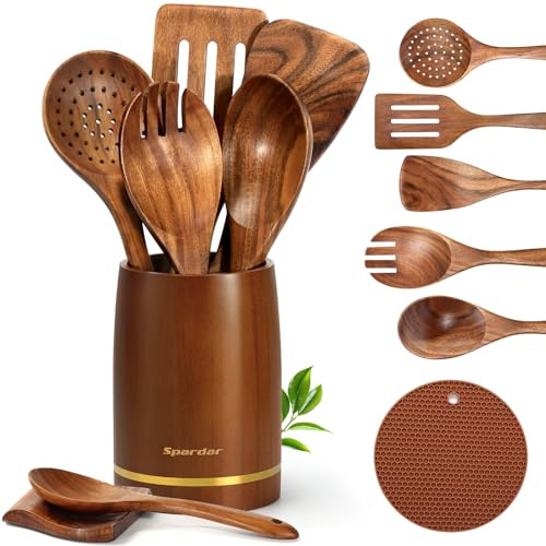 Spardar Wooden Kitchen Utensils, 8 Piece Set Wooden Spoon Set with 5 Teak Wood Cooking Spoons, Spoon Rest, Pot Holde, 3.3 Inch Utensil Holder, as Kitchen Decoration and Housewarming Gift