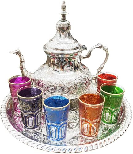 Juego de Té Marroquí, Tetera 1500ml con Bandeja 33cm, 6 Vasos de Cristal Decorados