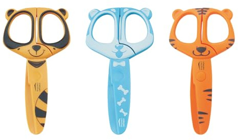 Vaessen Creative Set de Tijeras para Niños - Mapache, Perro, Tigre - 3 Unidades de 12 cm - con Punta Redondeada Segura - para Zurdos y Diestros - Material Escolar y Manualidades