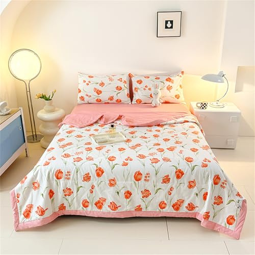 FANSU 100% Cotone Copriletto Trapuntato Matrimoniale Singolo Elegante Coperta Trapunta Autunno Stampa Floreale Nordica Antipolveri Copri Letto per Camera da Letto (Fiori Rossi,150x200cm)